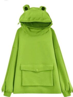 Kawaii Green Frog Zip Mouth Oversized Hoodie Sweatshirt Large NWOT